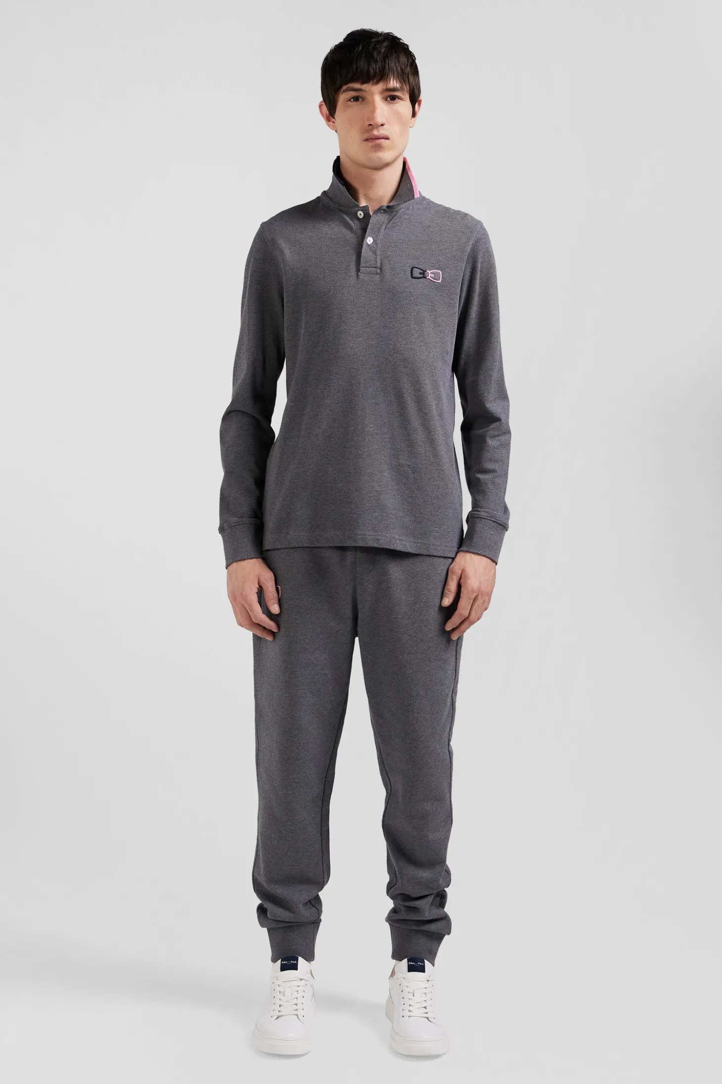 Regular grey long-sleeved cotton piqué polo shirt with pink details