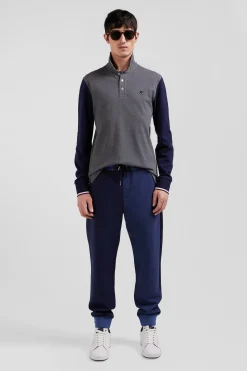 Regular grey long-sleeved cotton piqué polo shirt with jacquard collar and rubber badge