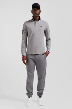 Regular grey long-sleeved cotton piqué polo shirt with XV de France embroidery