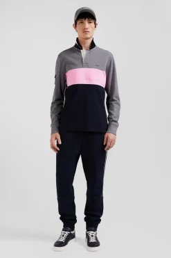 Regular grey long-sleeved cotton piqué polo shirt with padded embroidery