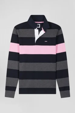 Regular grey long-sleeved striped cotton rugby shirt