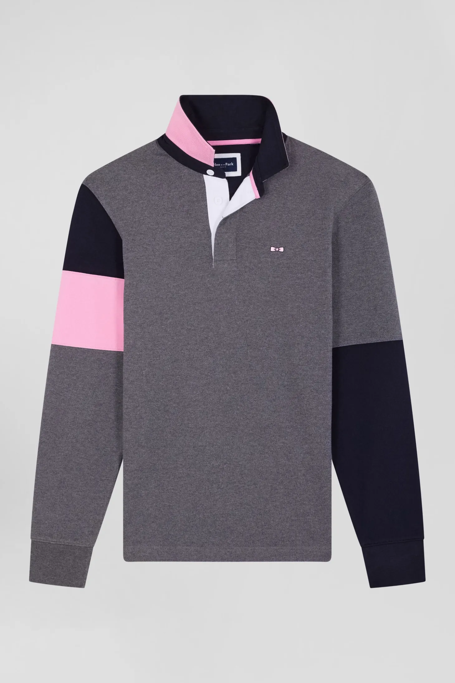 Regular grey long-sleeved cotton rugby shirt with tie fabric patchwork