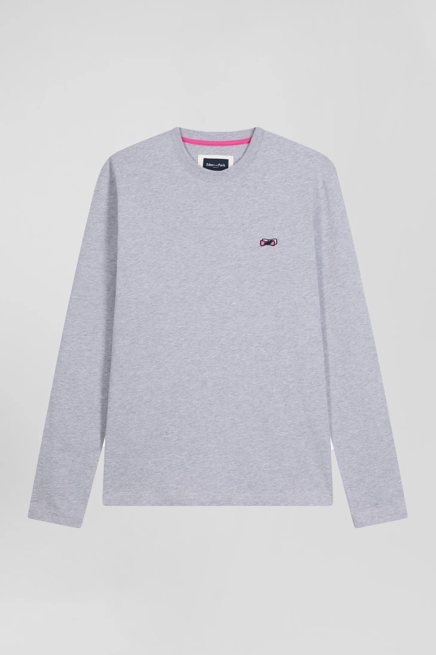 Regular grey long-sleeved cotton T-shirt with striped bow tie embroidery