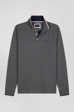Regular grey long-sleeved cotton piqué polo shirt with tricolor details