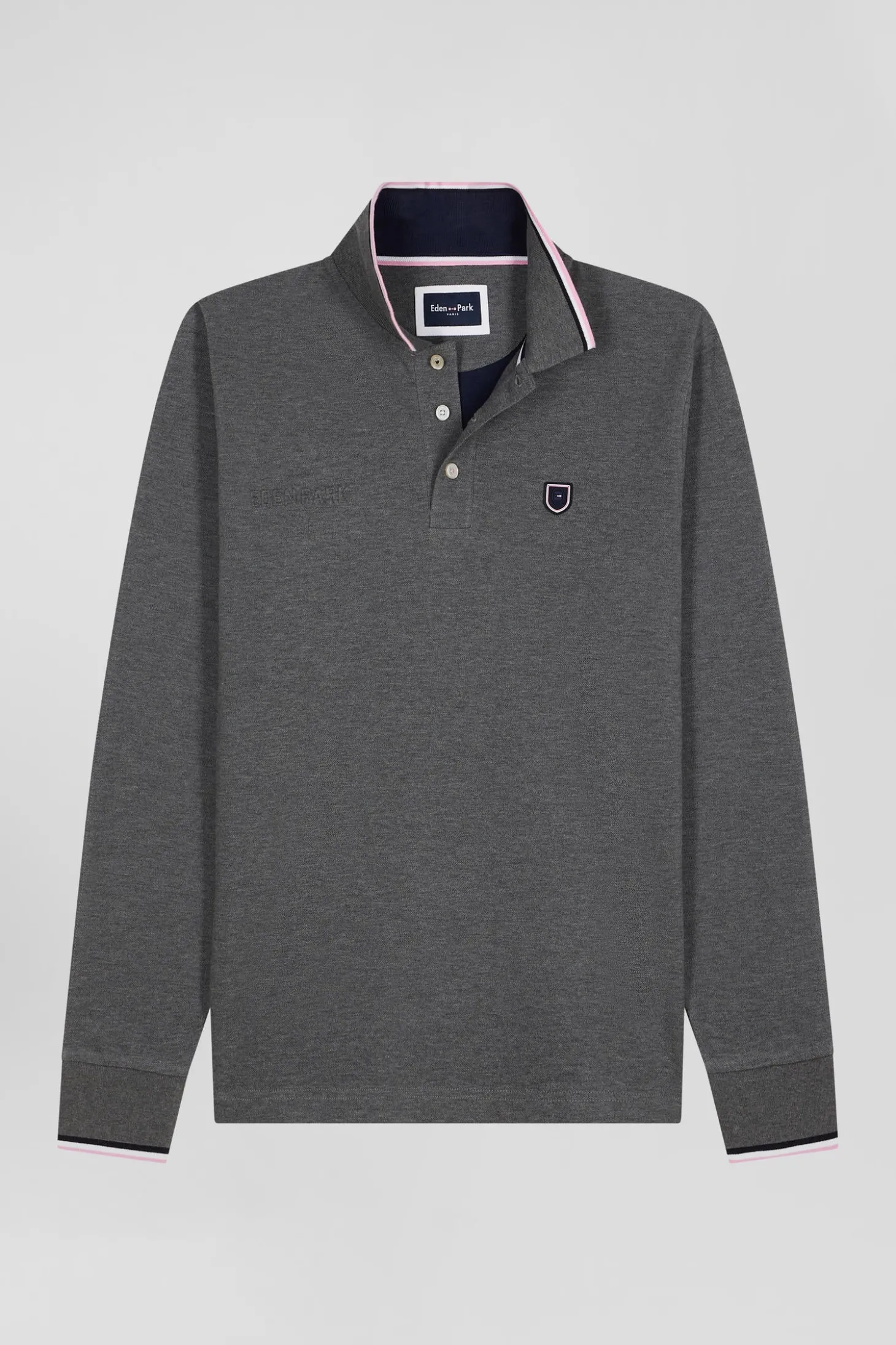 Regular grey long-sleeved cotton piqué polo shirt with tricolor details