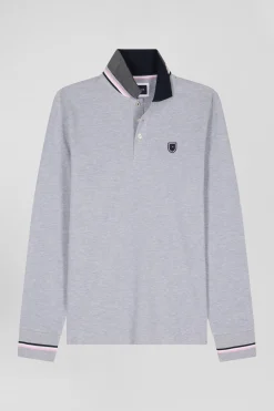 Regular grey long-sleeved cotton piqué polo shirt with rubber badge