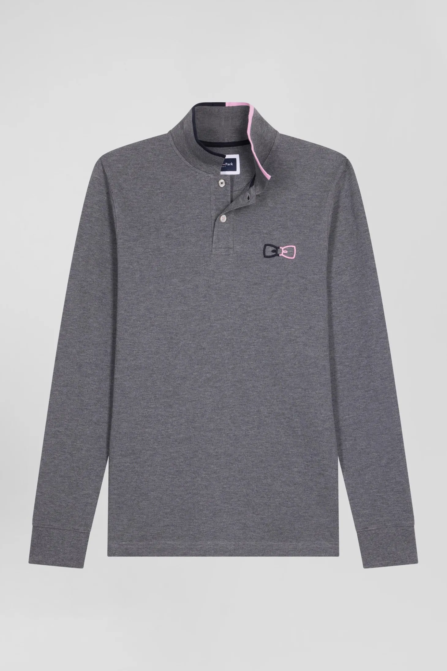 Regular grey long-sleeved cotton piqué polo shirt with pink details
