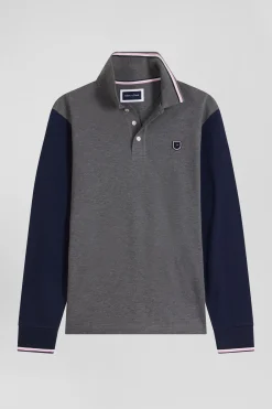 Regular grey long-sleeved cotton piqué polo shirt with jacquard collar and rubber badge