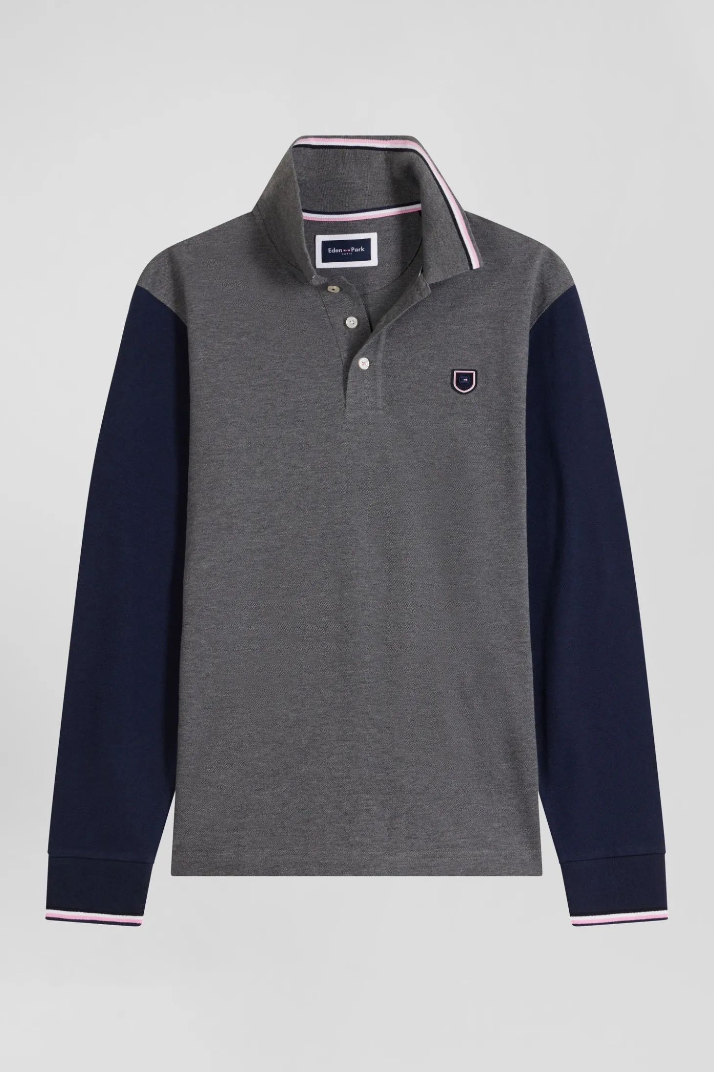 Regular grey long-sleeved cotton piqué polo shirt with jacquard collar and rubber badge