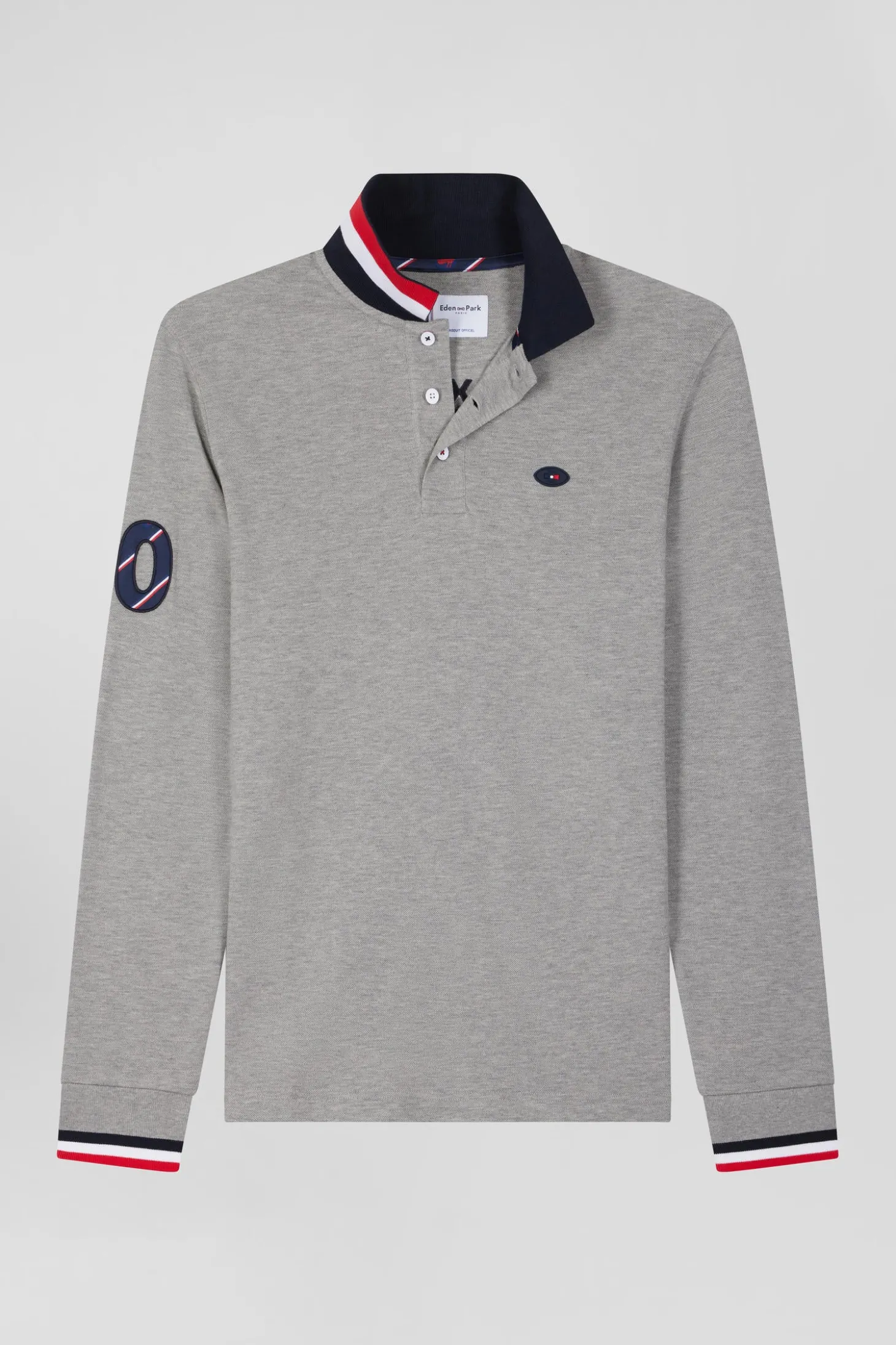 Regular grey long-sleeved cotton piqué polo shirt with XV de France embroidery