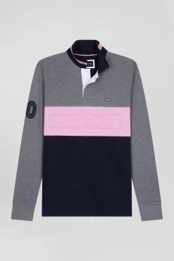 Regular grey long-sleeved cotton piqué polo shirt with padded embroidery