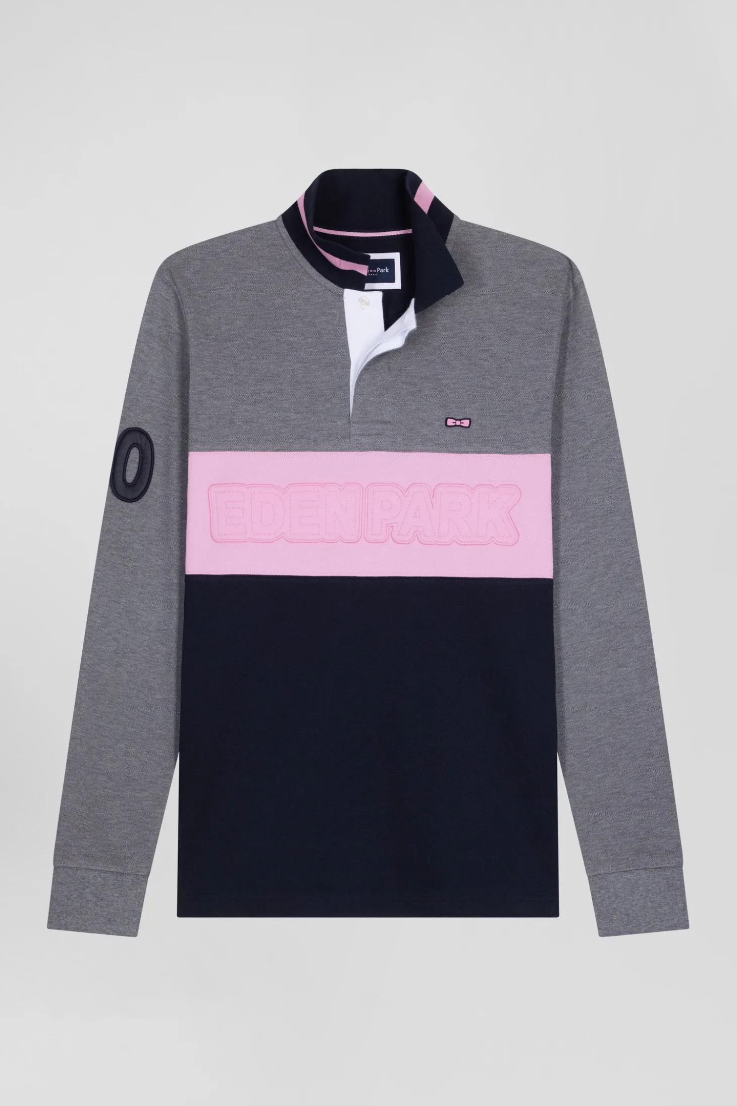 Regular grey long-sleeved cotton piqué polo shirt with padded embroidery