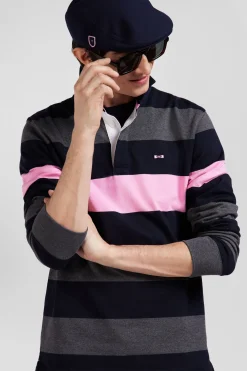 Regular grey long-sleeved striped cotton rugby shirt