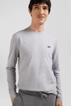 Regular grey long-sleeved cotton T-shirt with striped bow tie embroidery