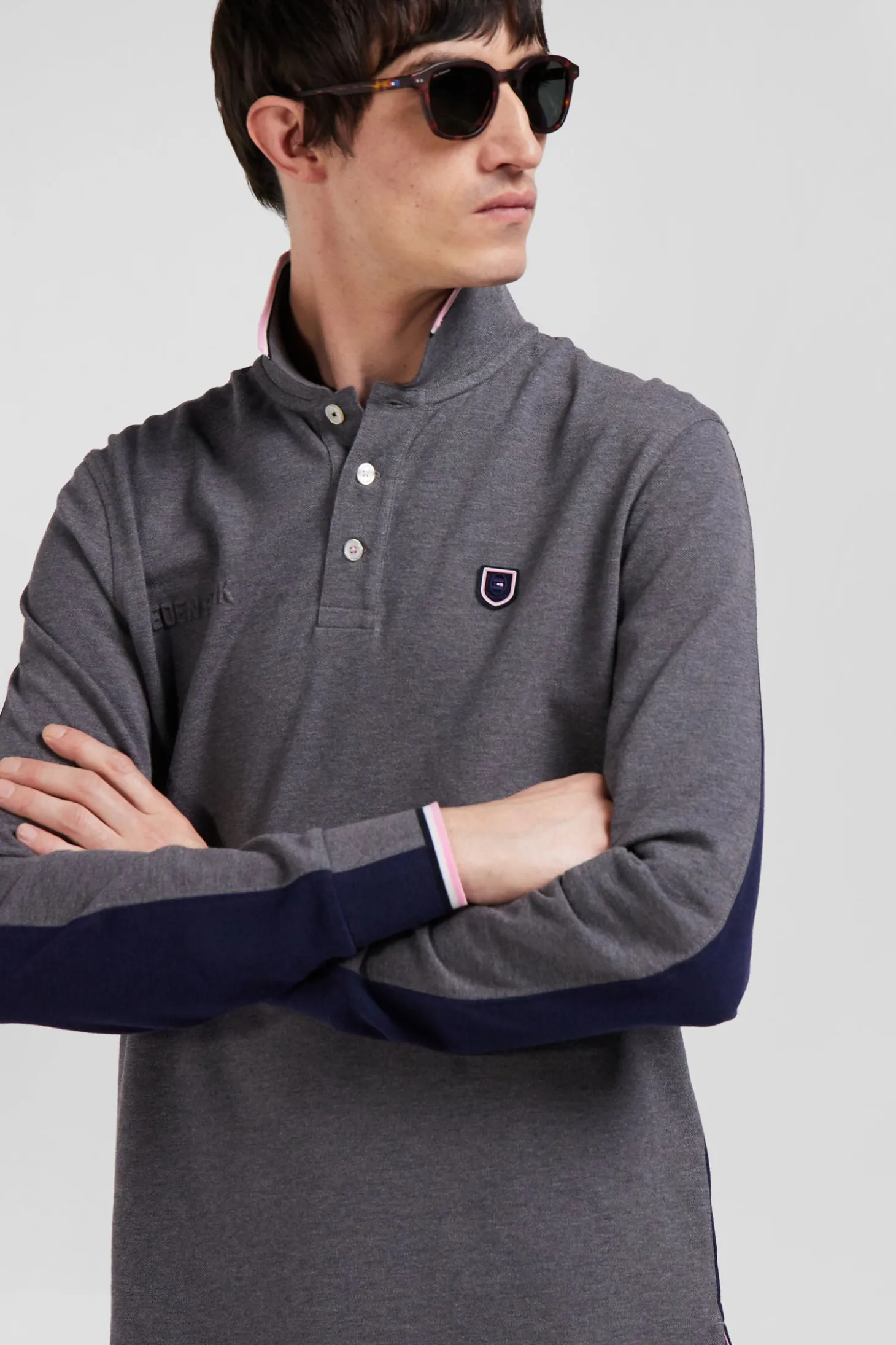 Regular grey long-sleeved cotton piqué polo shirt with tricolor details