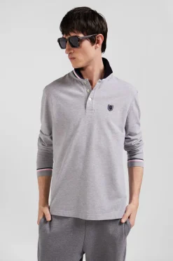 Regular grey long-sleeved cotton piqué polo shirt with rubber badge