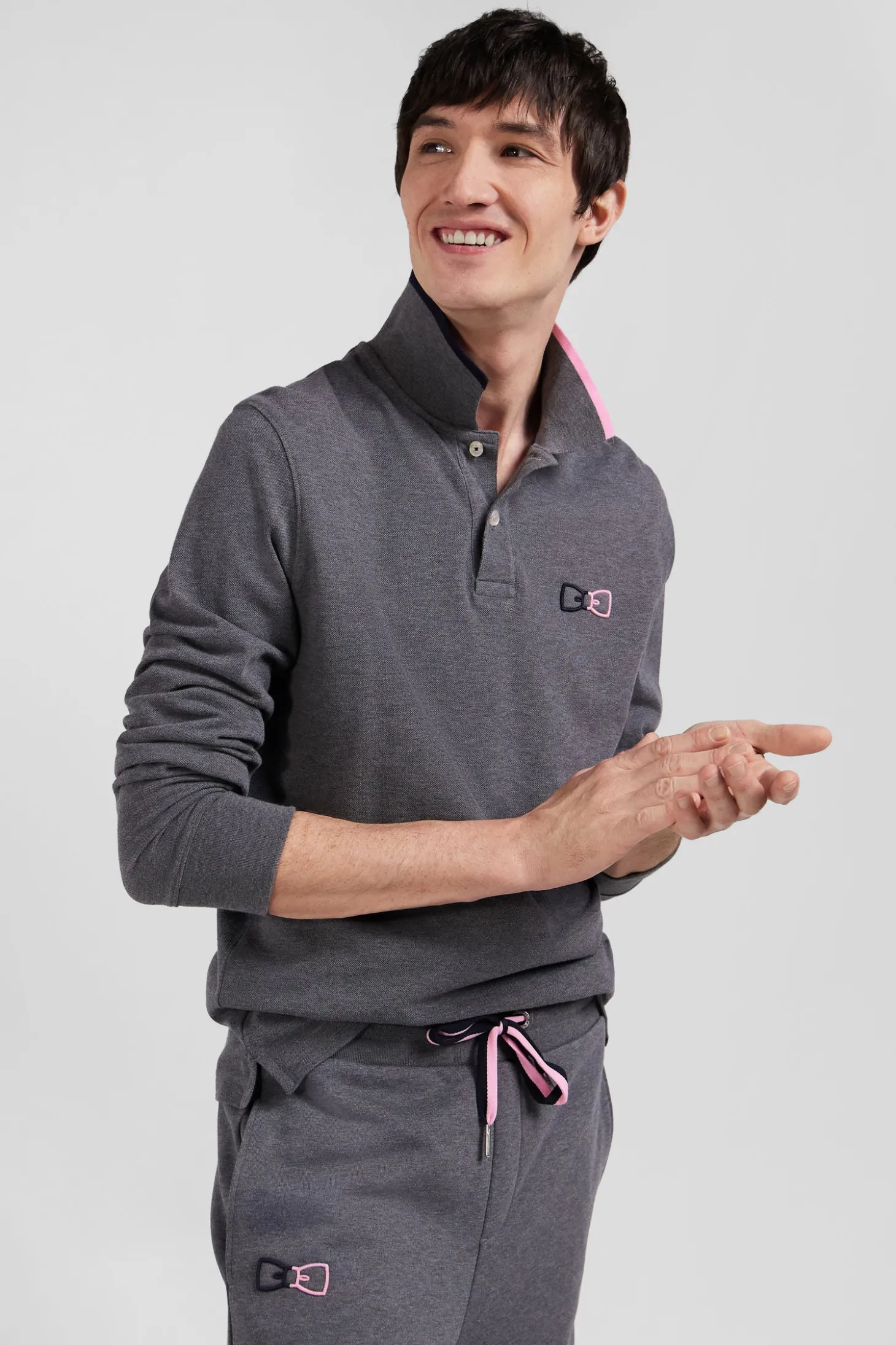 Regular grey long-sleeved cotton piqué polo shirt with pink details