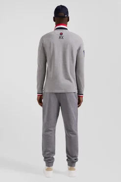 Regular grey long-sleeved cotton piqué polo shirt with XV de France embroidery