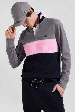 Regular grey long-sleeved cotton piqué polo shirt with padded embroidery