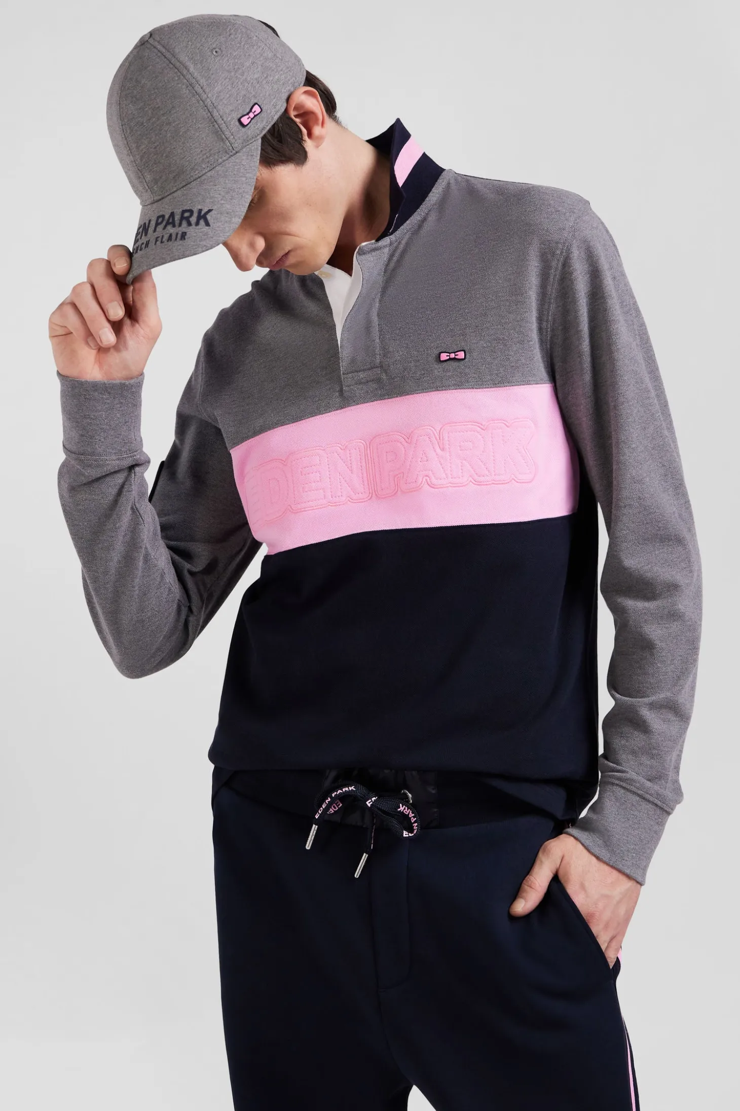 Regular grey long-sleeved cotton piqué polo shirt with padded embroidery