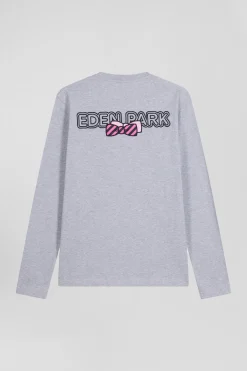 Regular grey long-sleeved cotton T-shirt with striped bow tie embroidery