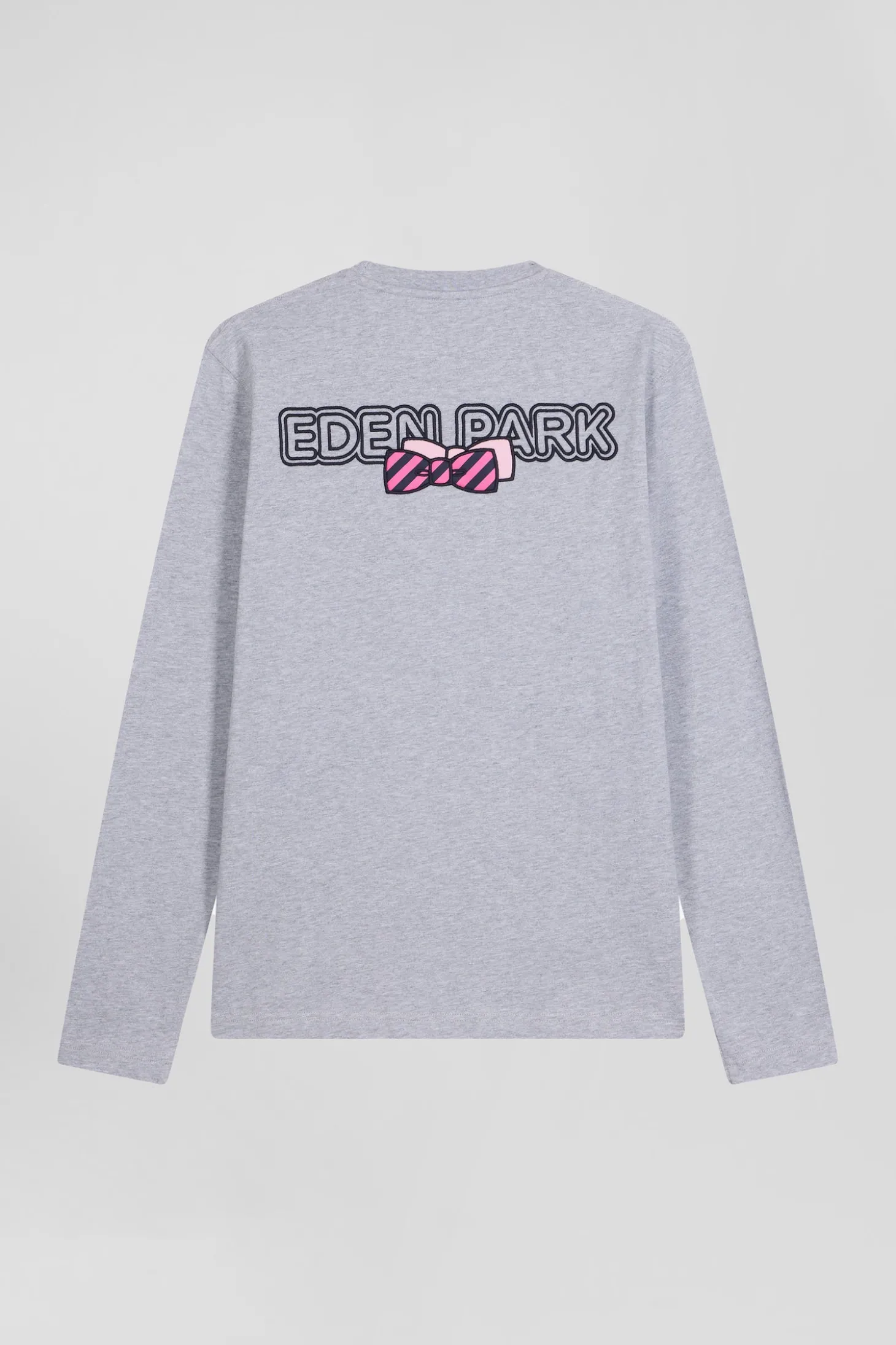 Regular grey long-sleeved cotton T-shirt with striped bow tie embroidery