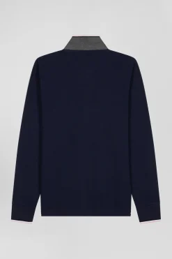 Regular grey long-sleeved cotton piqué polo shirt with tricolor details