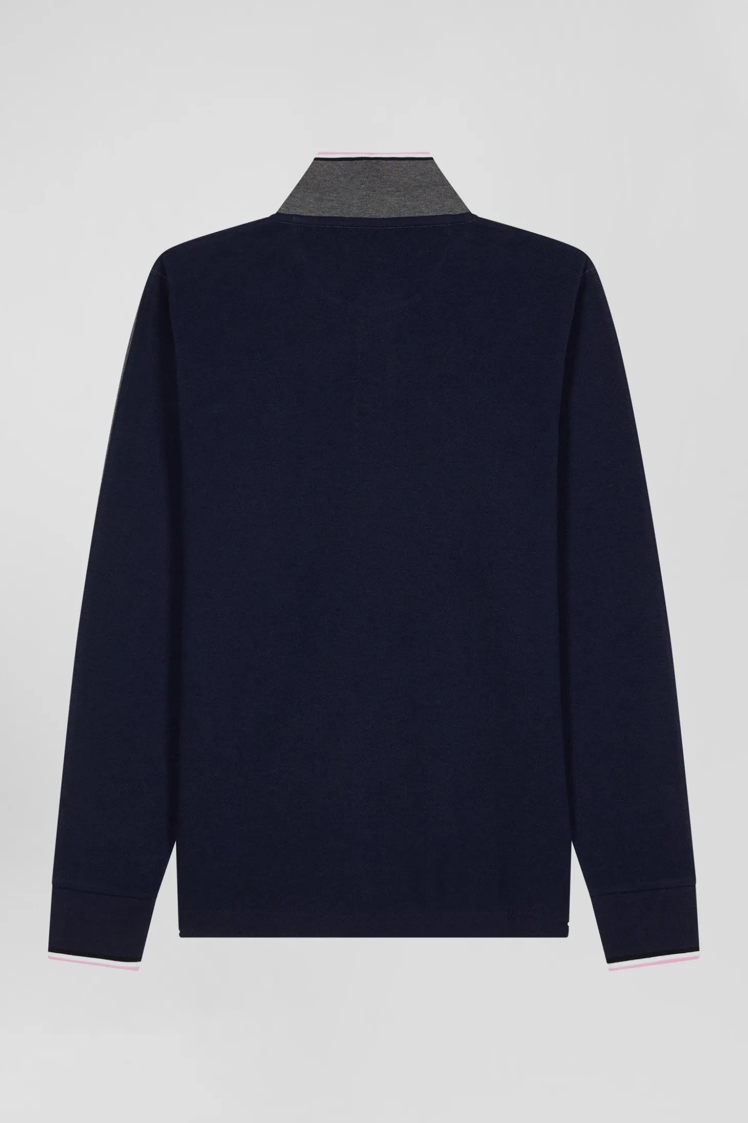 Regular grey long-sleeved cotton piqué polo shirt with tricolor details