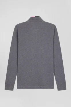 Regular grey long-sleeved cotton piqué polo shirt with pink details