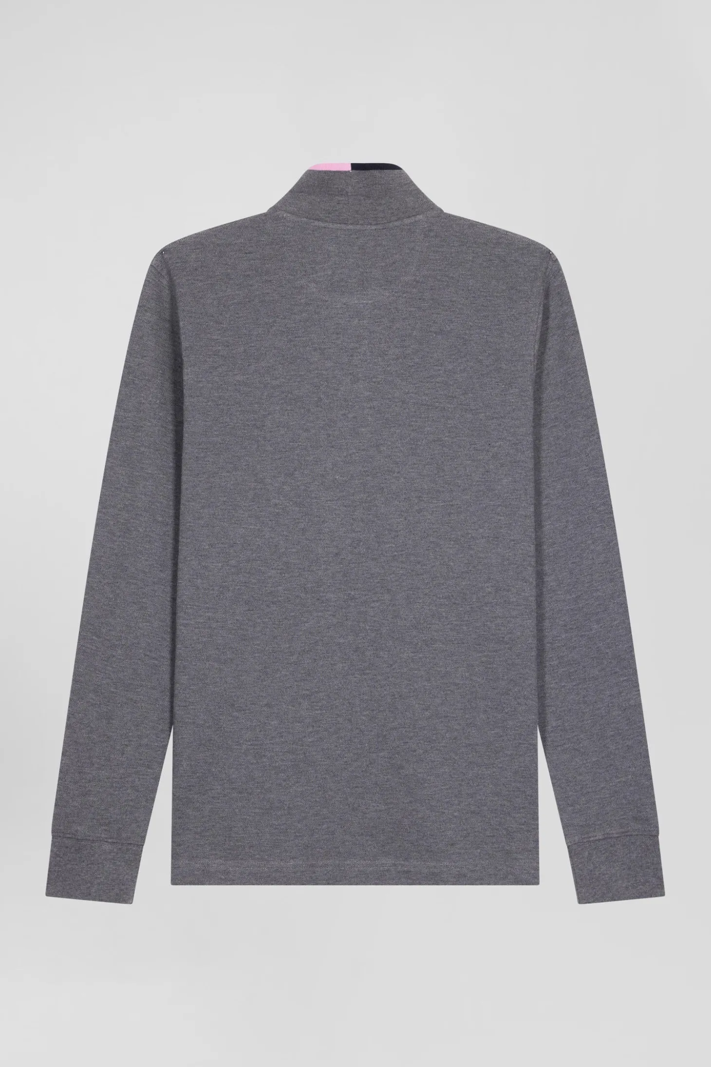 Regular grey long-sleeved cotton piqué polo shirt with pink details