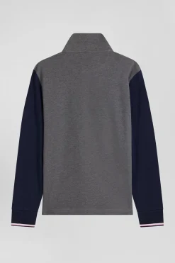 Regular grey long-sleeved cotton piqué polo shirt with jacquard collar and rubber badge
