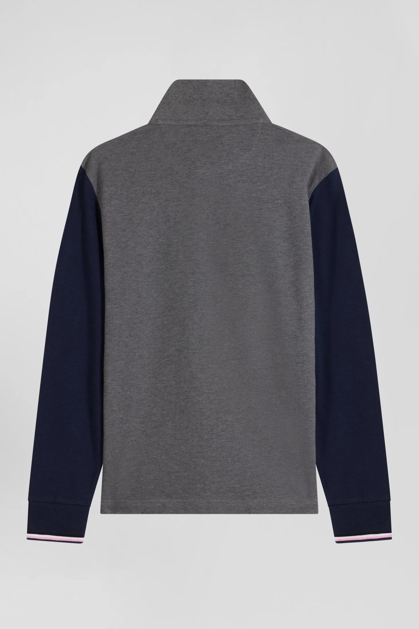 Regular grey long-sleeved cotton piqué polo shirt with jacquard collar and rubber badge