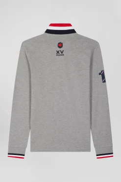 Regular grey long-sleeved cotton piqué polo shirt with XV de France embroidery