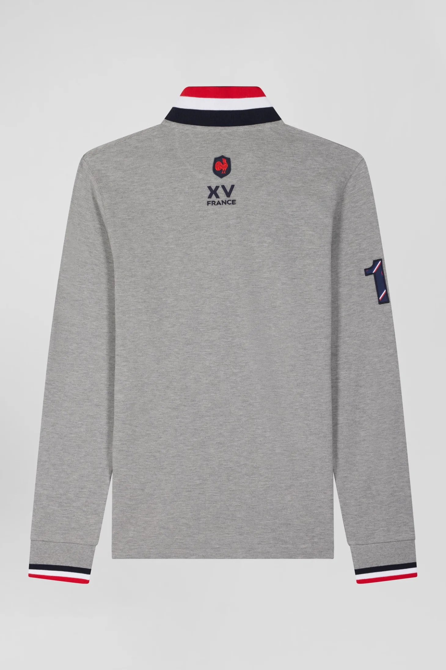 Regular grey long-sleeved cotton piqué polo shirt with XV de France embroidery