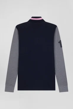 Regular grey long-sleeved cotton piqué polo shirt with padded embroidery