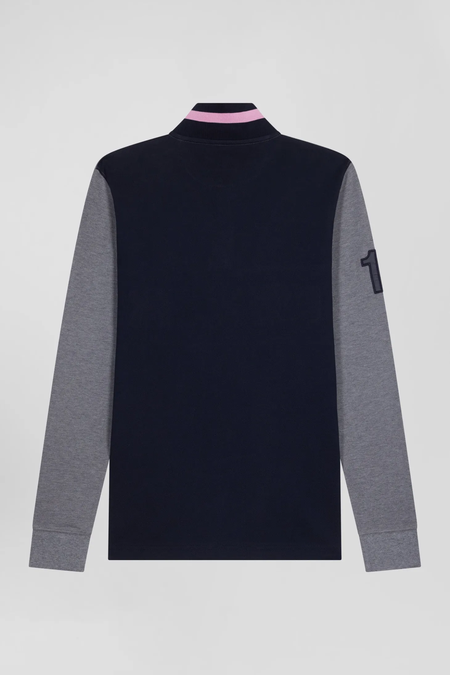 Regular grey long-sleeved cotton piqué polo shirt with padded embroidery