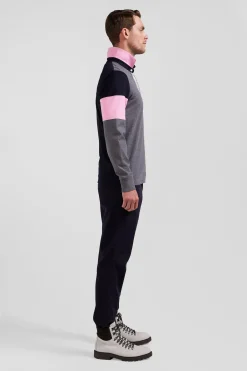 Regular grey long-sleeved cotton rugby shirt with tie fabric patchwork