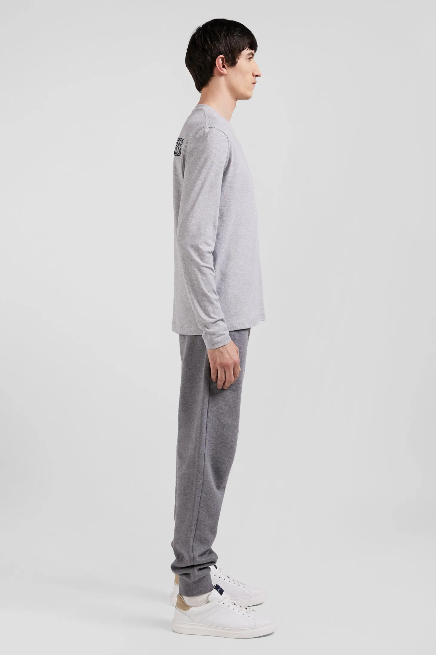 Regular grey long-sleeved cotton T-shirt with striped bow tie embroidery