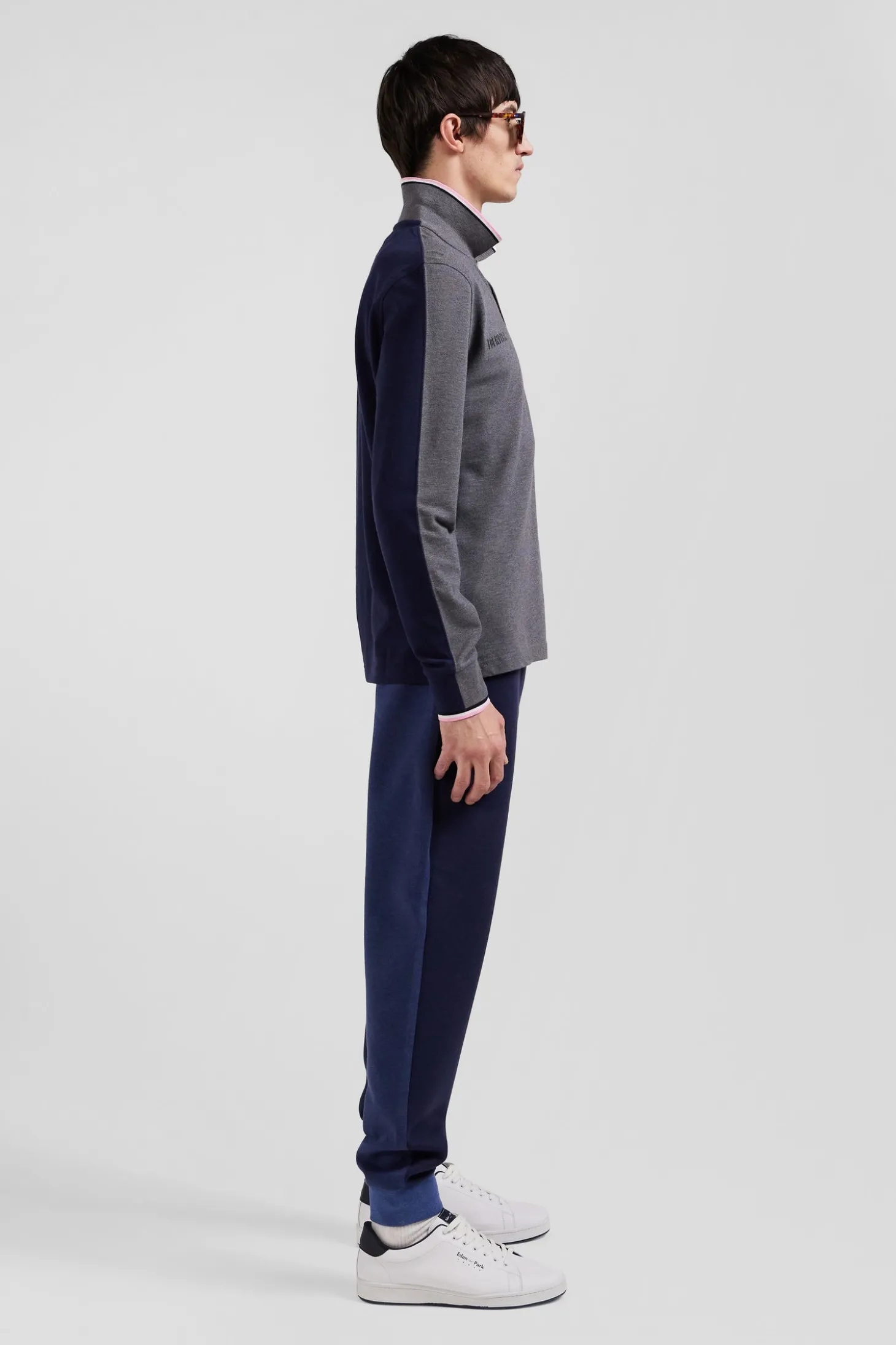 Regular grey long-sleeved cotton piqué polo shirt with tricolor details
