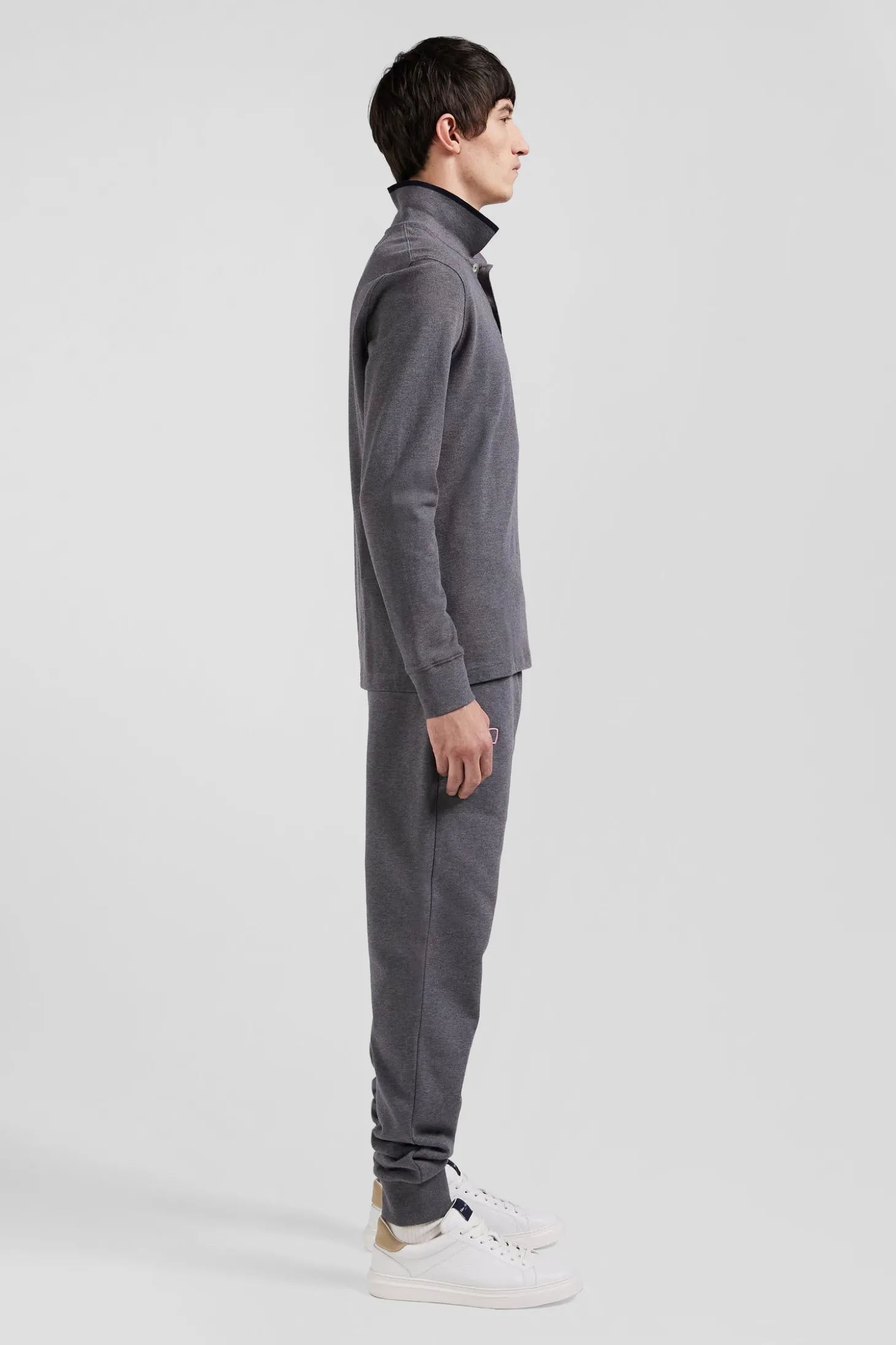 Regular grey long-sleeved cotton piqué polo shirt with pink details