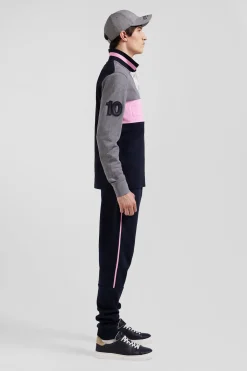 Regular grey long-sleeved cotton piqué polo shirt with padded embroidery