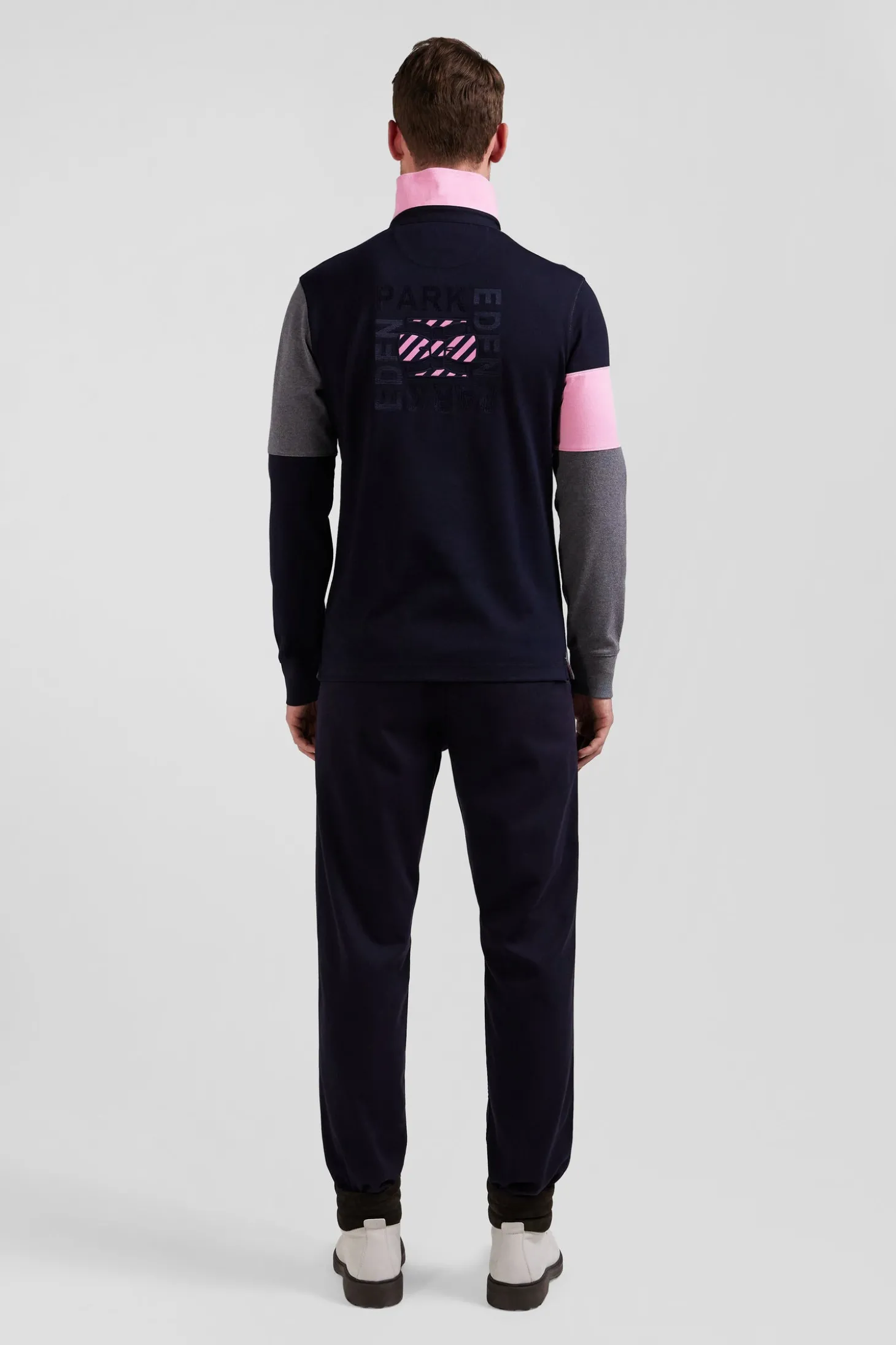 Regular grey long-sleeved cotton rugby shirt with tie fabric patchwork