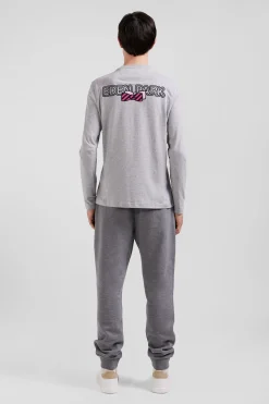 Regular grey long-sleeved cotton T-shirt with striped bow tie embroidery