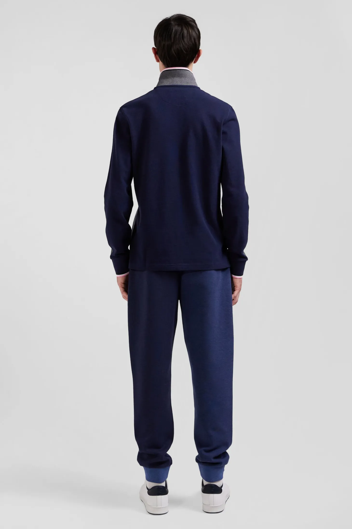 Regular grey long-sleeved cotton piqué polo shirt with tricolor details