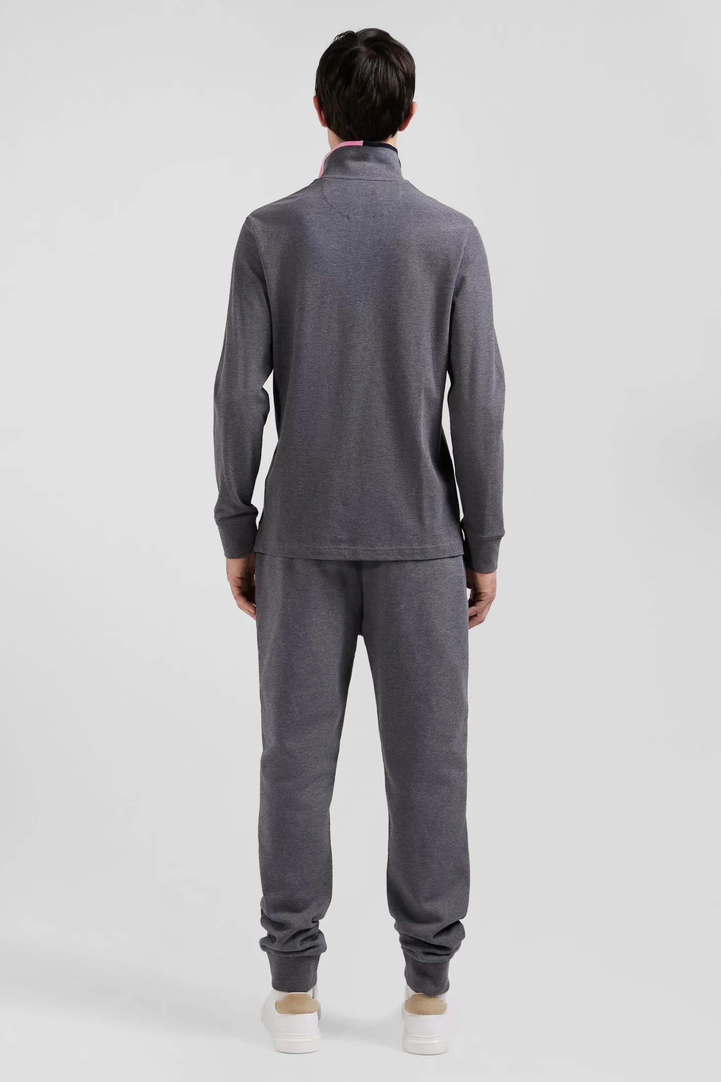 Regular grey long-sleeved cotton piqué polo shirt with pink details