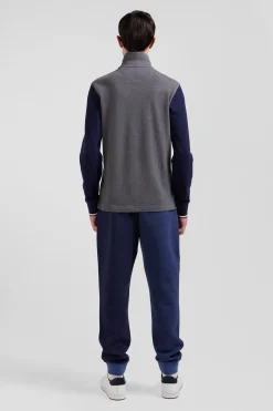 Regular grey long-sleeved cotton piqué polo shirt with jacquard collar and rubber badge