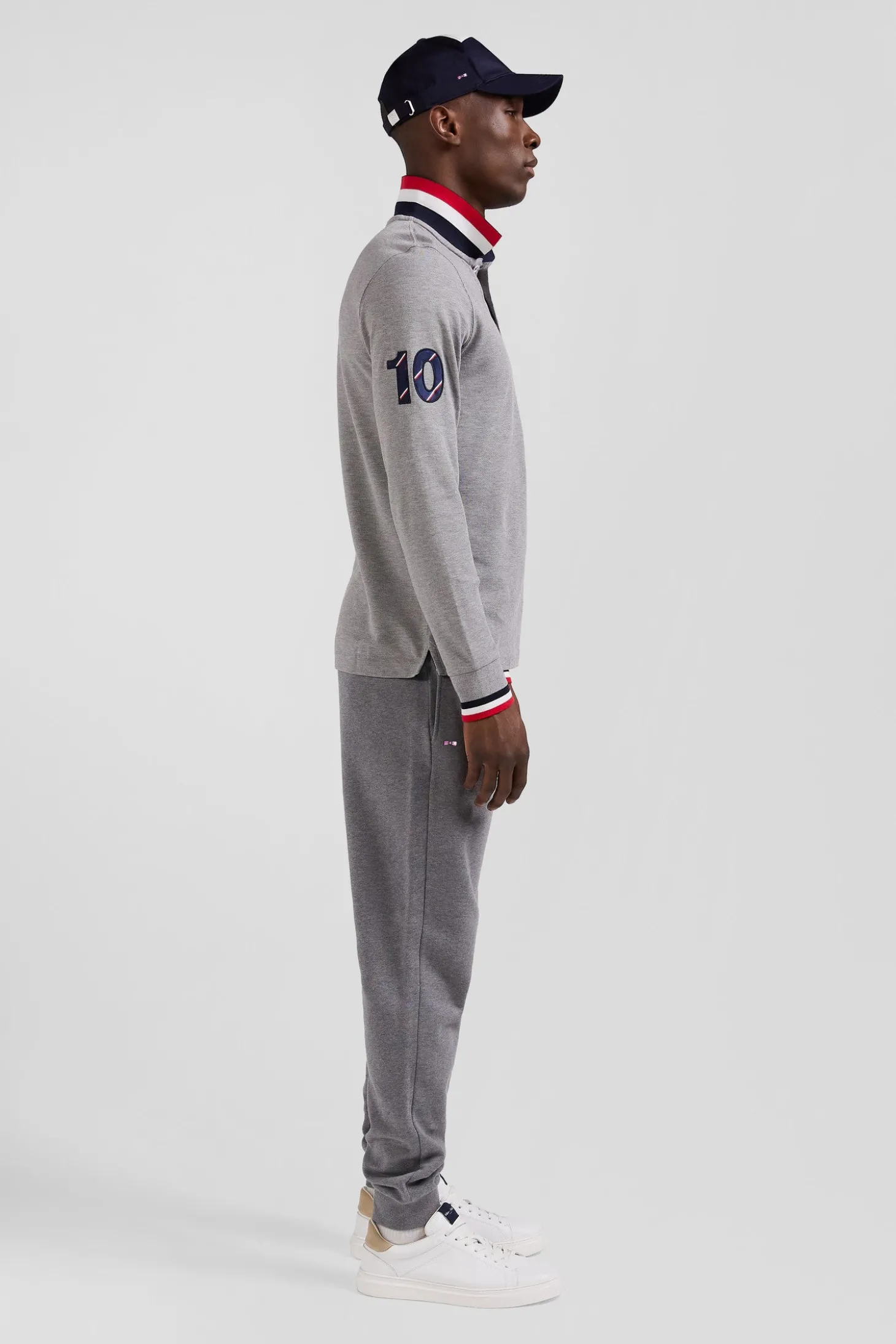 Regular grey long-sleeved cotton piqué polo shirt with XV de France embroidery