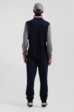Regular grey long-sleeved cotton piqué polo shirt with padded embroidery