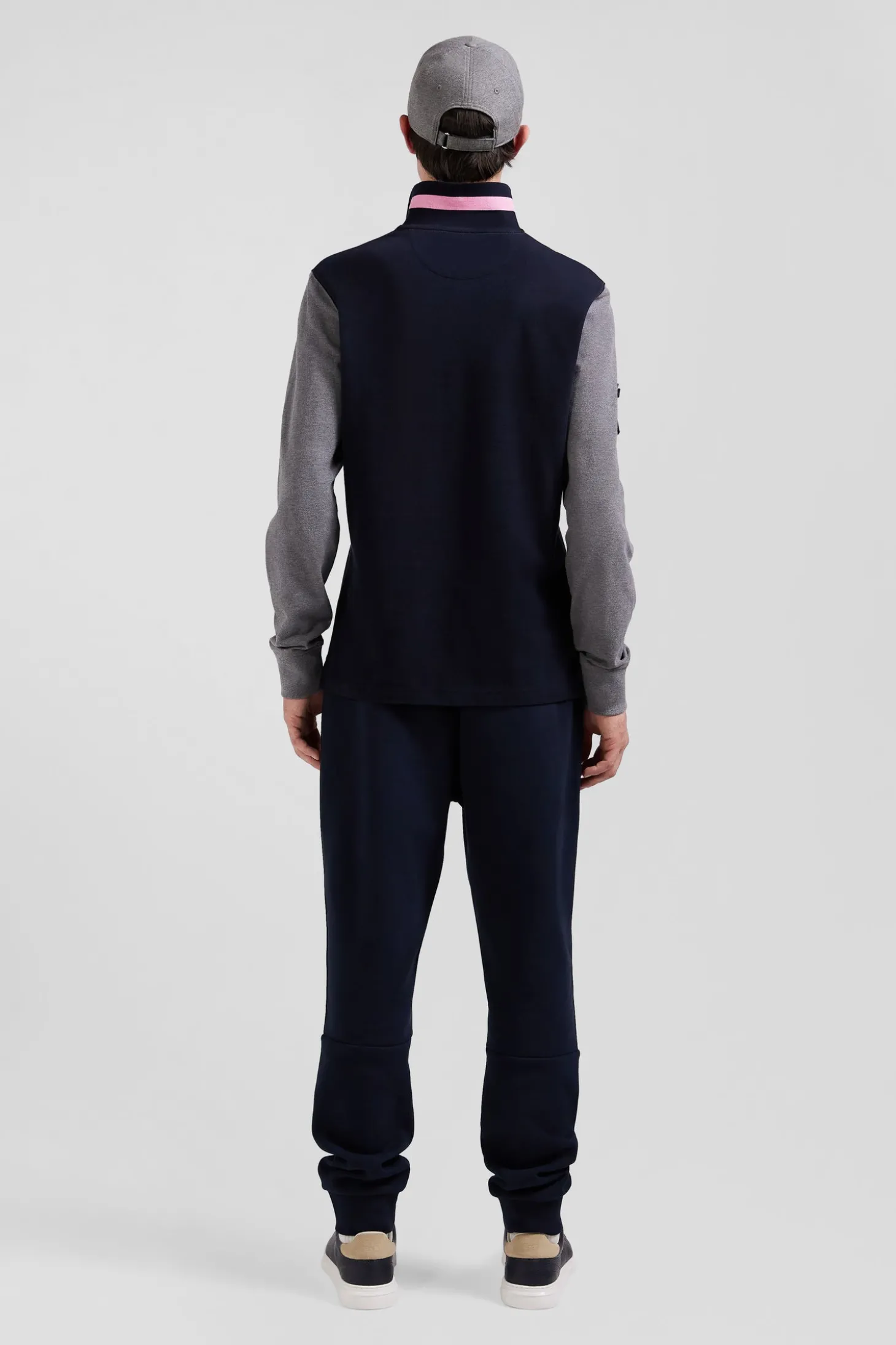Regular grey long-sleeved cotton piqué polo shirt with padded embroidery