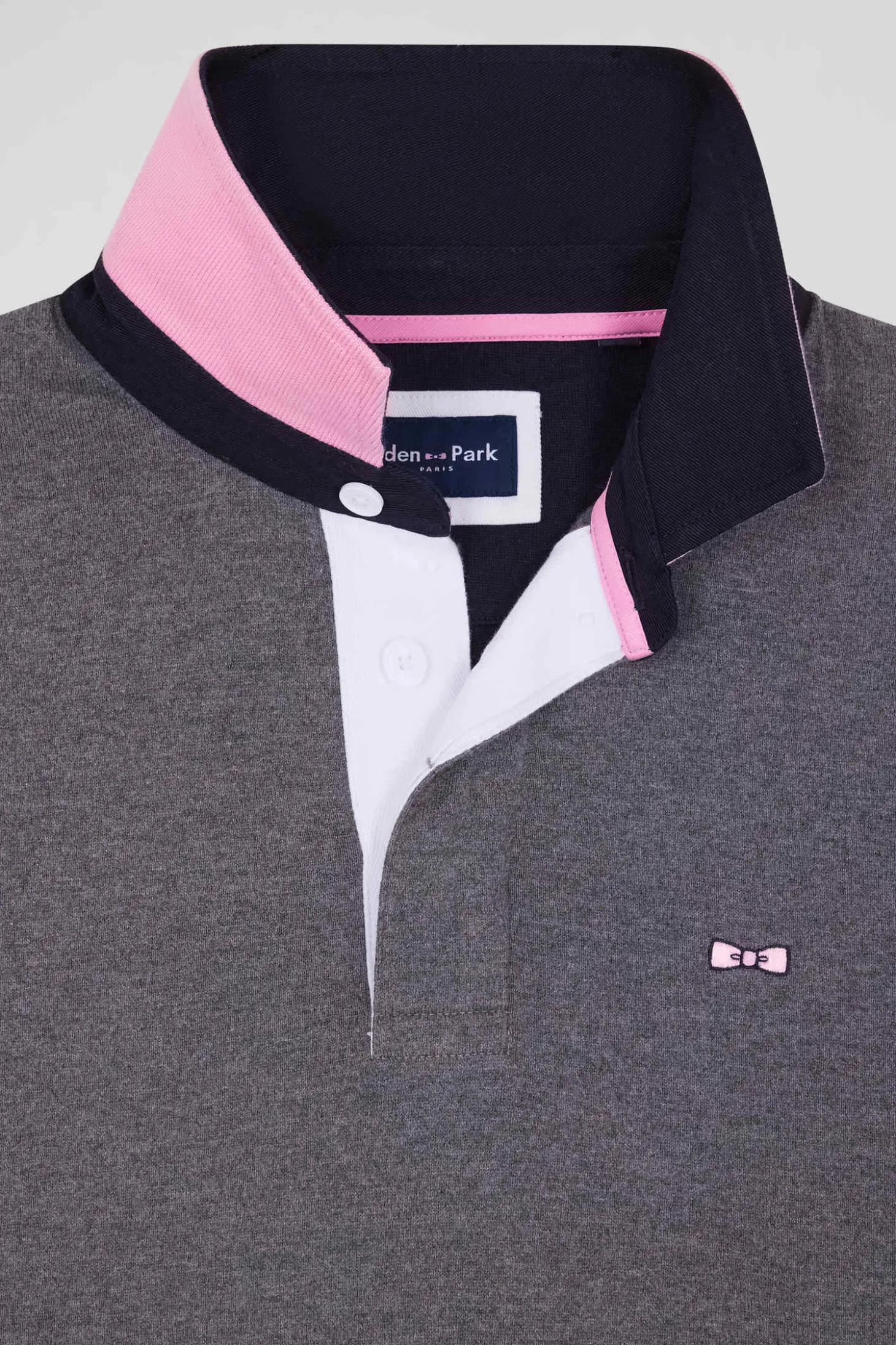 Regular grey long-sleeved cotton rugby shirt with tie fabric patchwork